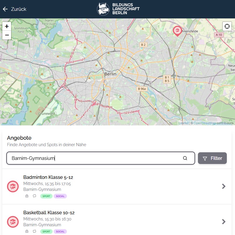 Ansicht der App für die Arbeitsgemeinschaften