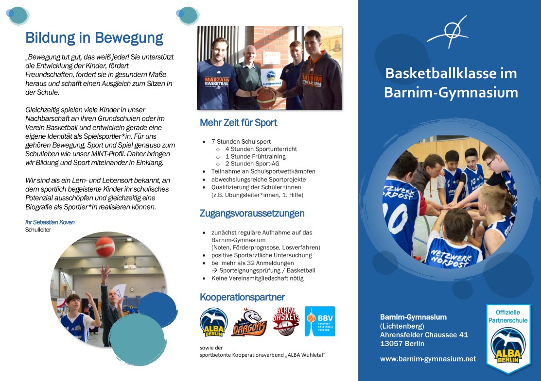 Seite 1 des Flyers zur Basketballklasse als Vorschau für PDF-Dokument